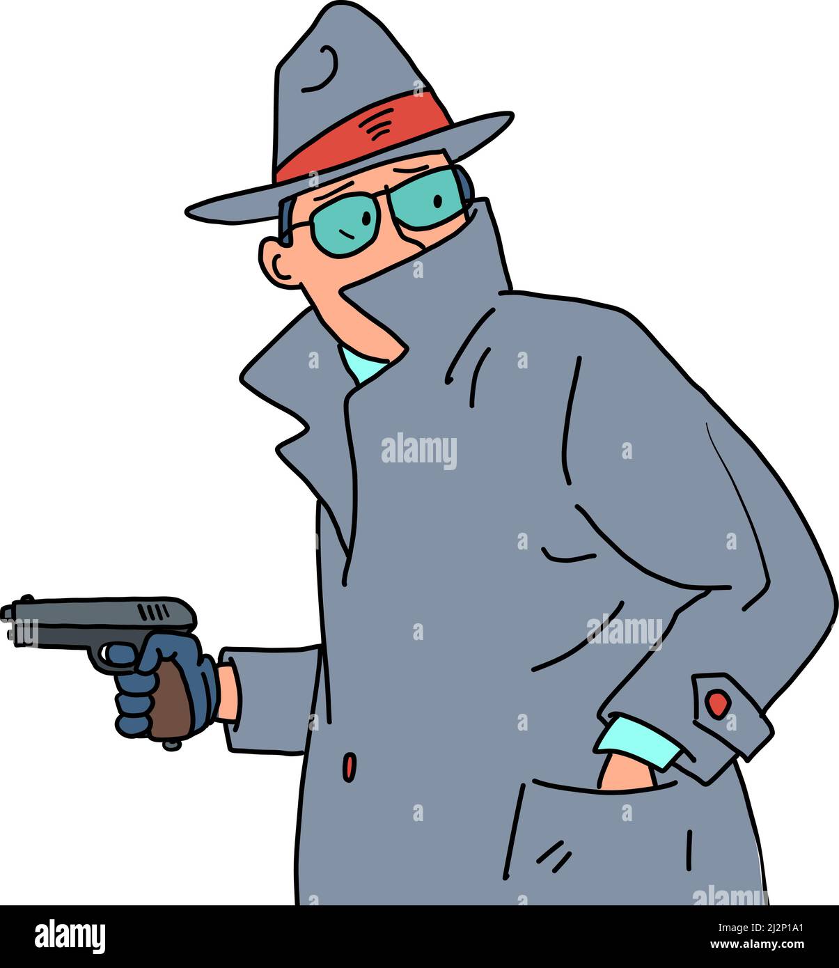 Détective avec une arme dans ses mains. Détective privé, homme sous un manteau, un chapeau et des lunettes Illustration de Vecteur