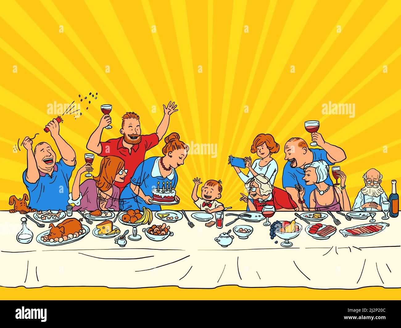L'anniversaire du garçon, des vacances en famille. Fils petit-fils. Des parents à la table de fête avec de la nourriture et du gâteau Illustration de Vecteur L'anniversaire du garçon, des vacances en famille. Fils petit-fils. Des parents à la table de fête avec de la nourriture et du gâteau Illustration de Vecteur