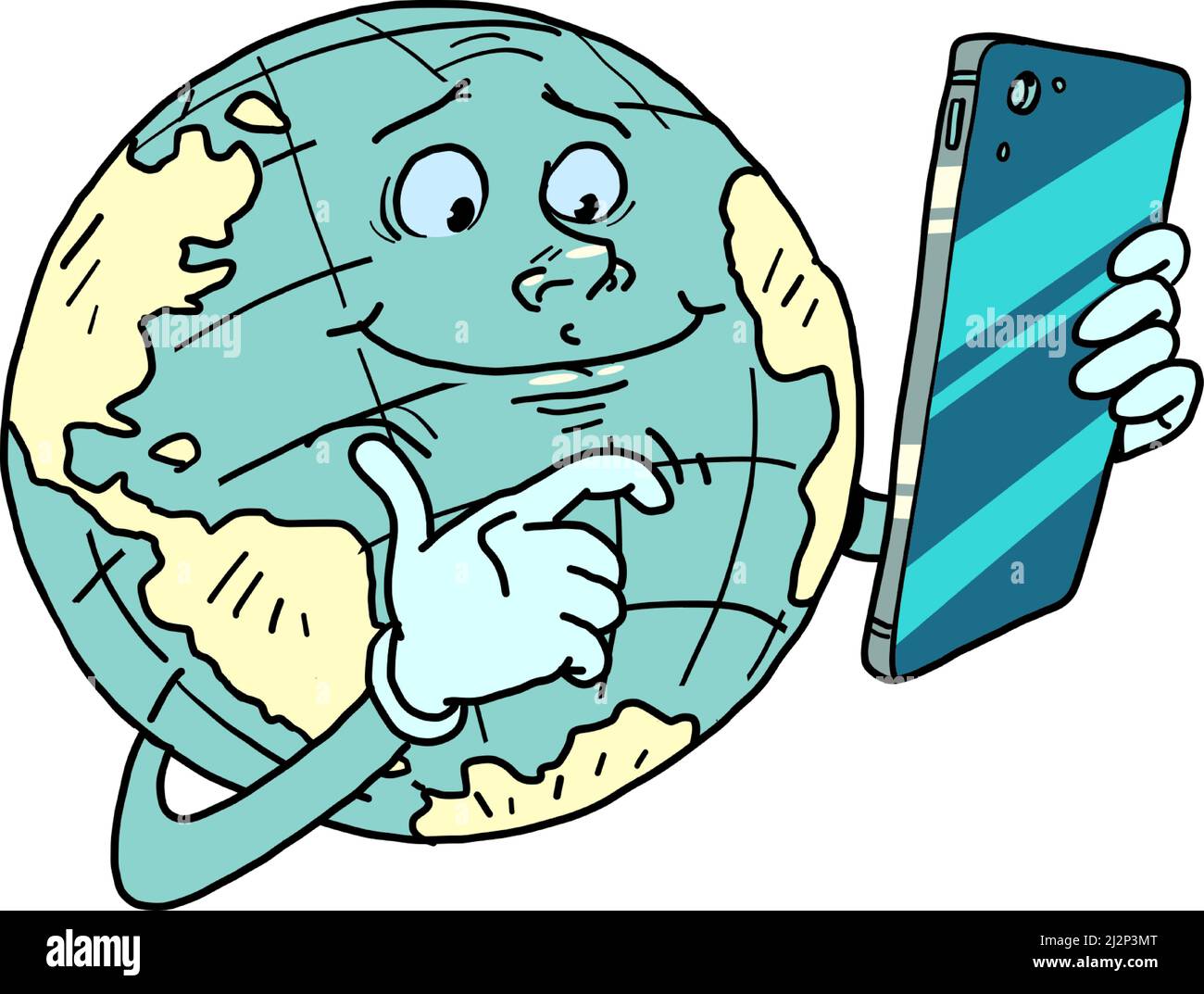 planète terre caractère avec téléphone, connexion globale, internet Illustration de Vecteur