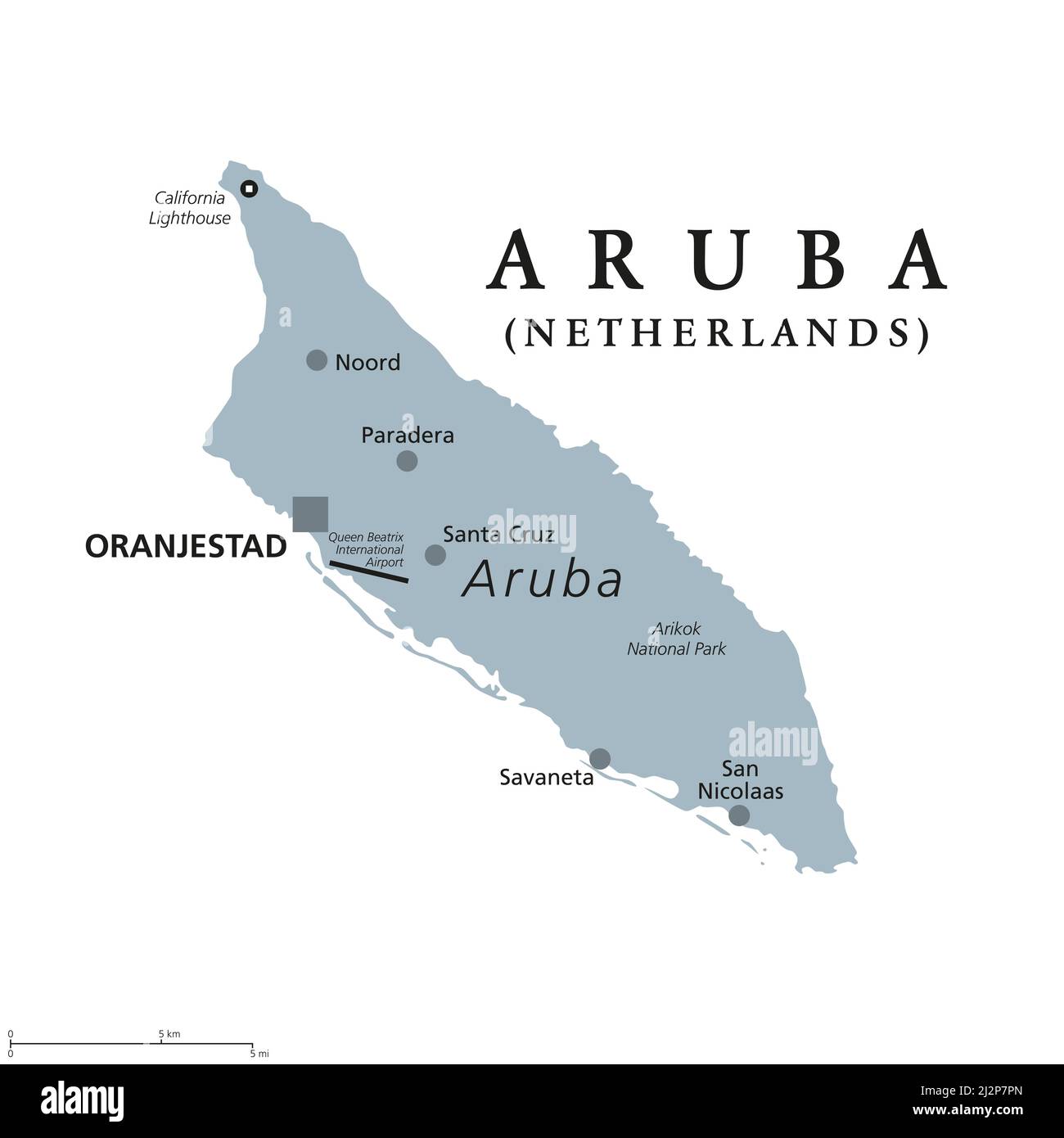 Aruba, carte politique grise. Île dans les Antilles Leeward dans la mer des Caraïbes. Pays constituant le Royaume des pays-Bas, capitale Oranjestad. Banque D'Images