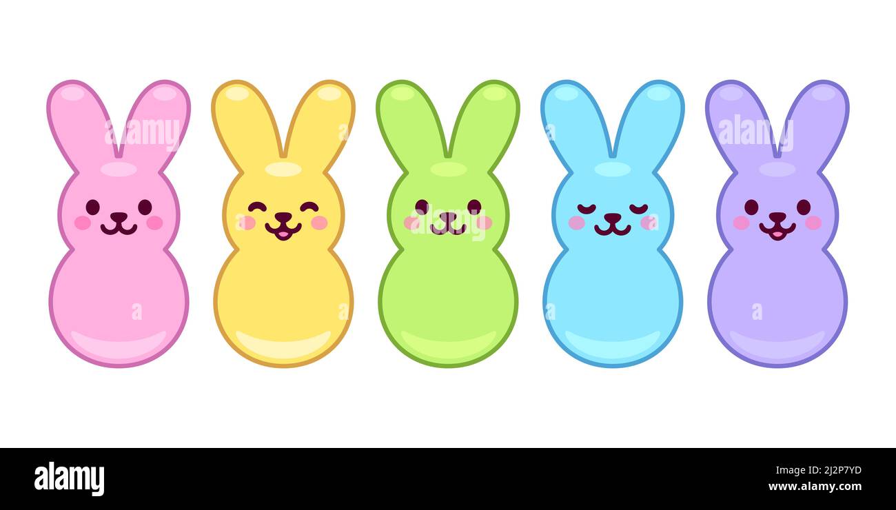 Ensemble de petits pains guimauves, adorable bonbon de Pâques en forme de lapin. Illustration du vecteur de dessin animé kawaii. Illustration de Vecteur