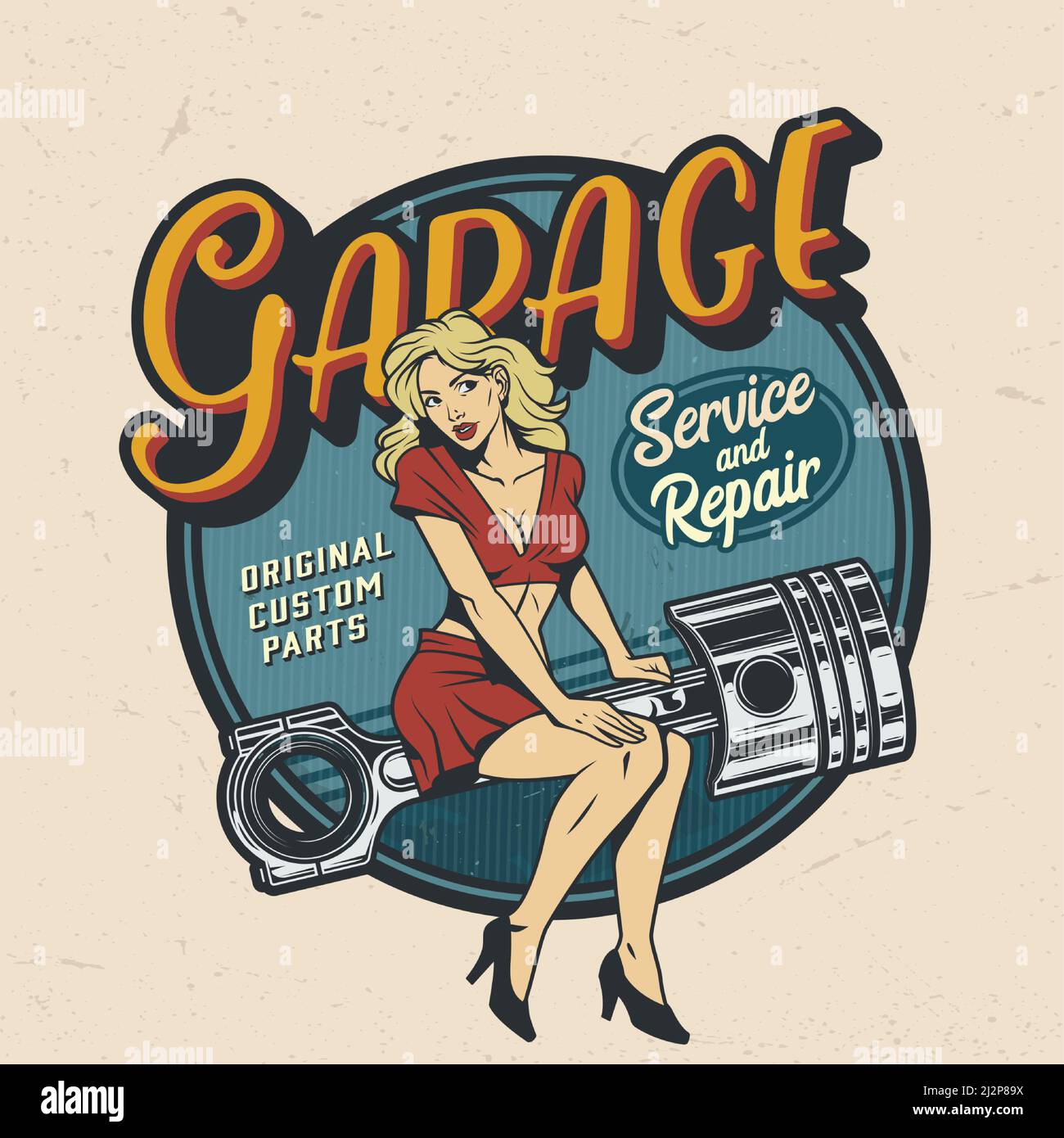 Vintage coloré réparation de garage logo de service avec pinup attrayante femme illustration du vecteur isolé du piston du moteur Illustration de Vecteur