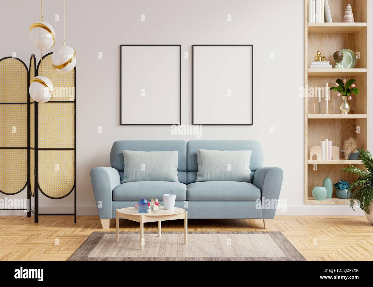 Maquette de deux cadres à poster dans un arrière-plan intérieur moderne avec canapé et accessoires dans la chambre.3D rendu Banque D'Images