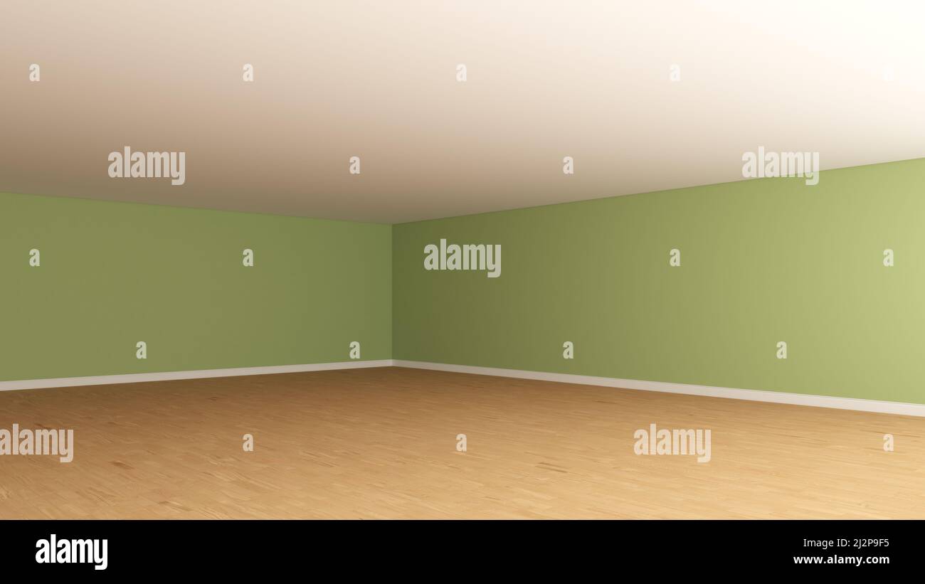 Coin intérieur vide avec murs en stuc vert clair, plafond blanc, parquet clair et un plinthes blanc. Chambre vide non meublée. Vue en perspective. 3D illustration, Ultra HD 8K 7680x4320, 300 dpi Banque D'Images