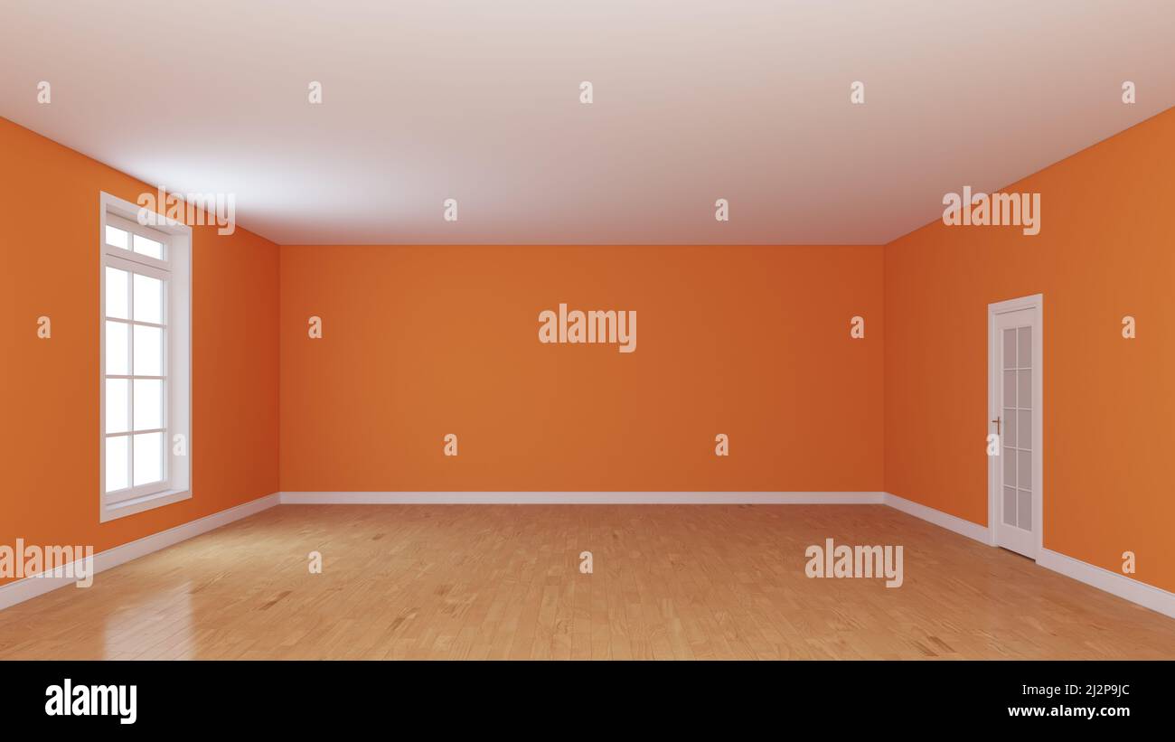 Chambre vide avec murs en stuc orange vif, parquet brillant clair, Plinth blanc, fenêtre et porte blanche. Vue en perspective. 3D rendu avec un tracé de travail dans la fenêtre. Intérieur concept 8K Ultra HD Banque D'Images