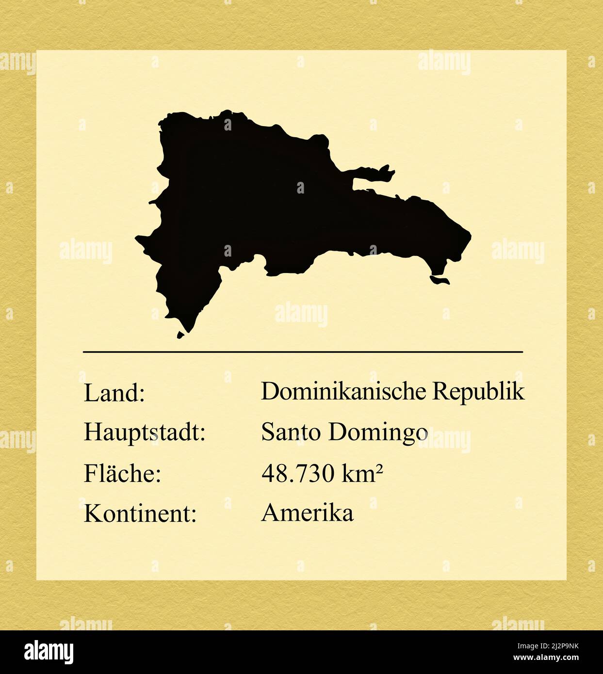 Umrisse des Landes Dominikanische Republik, darunter ein kleiner Seckbrief mit Ländernen, Hauptstadt, Fläche und Kontinent Banque D'Images
