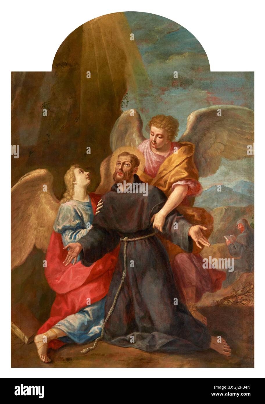 Saint François d'Assise en extase soutenu par deux anges - huile sur toile - G. Mazzoni - 18th centuri - Ferrara, Italie, église de Saint François d'AS Banque D'Images
