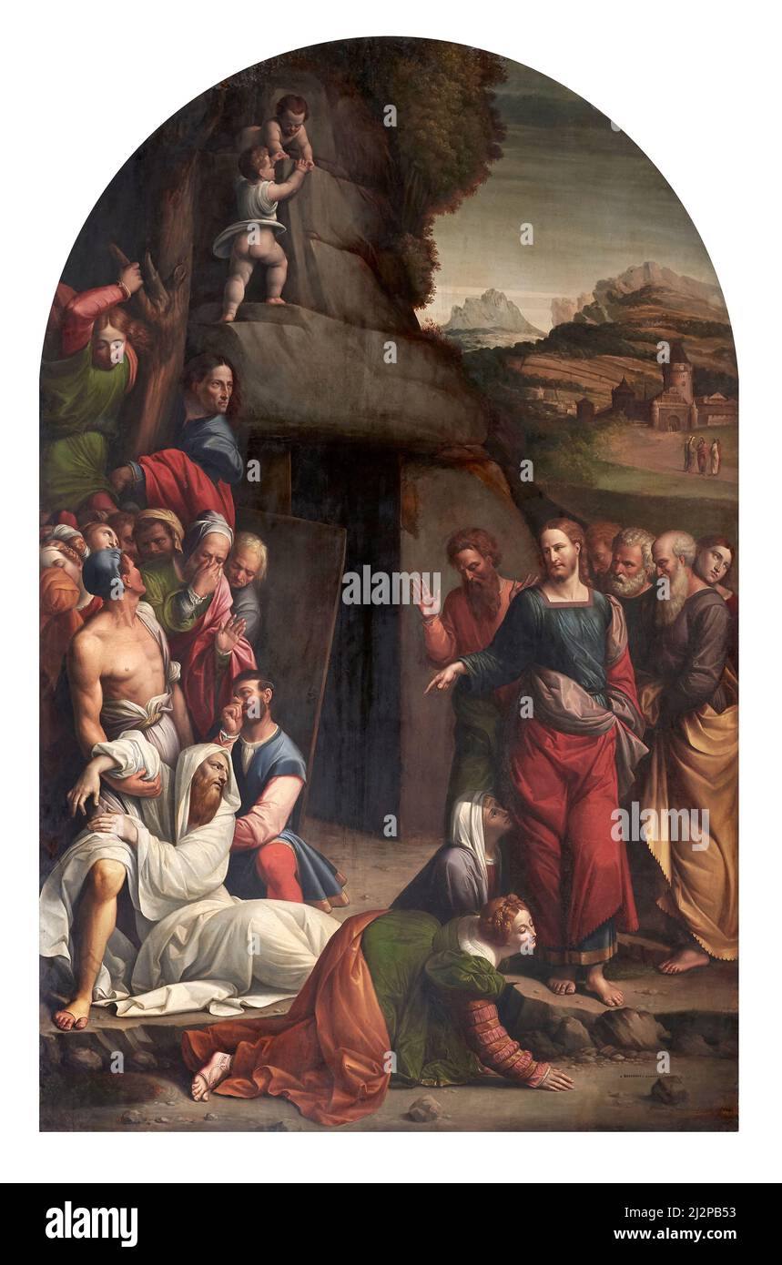 Résurrection de Lazarus - huile sur toile - copie de Girolamo Domenichini en 1864 de l'original par l Garofalo en 1534 - Ferrara, Italie, église de St Banque D'Images