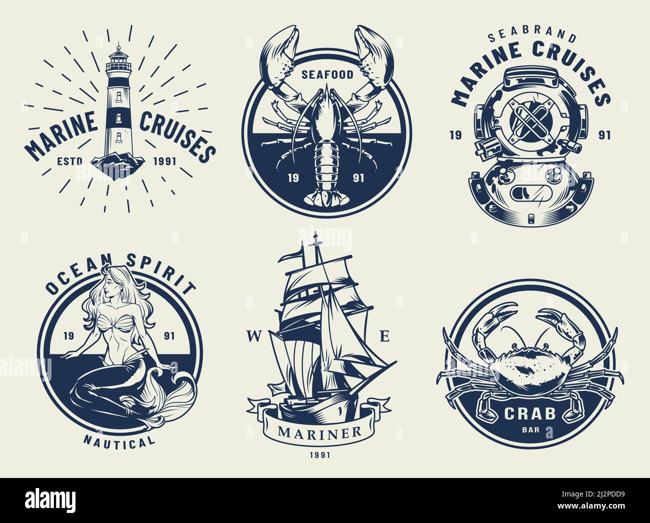 Ensembles d'emblèmes nautiques monochromes vintage avec inscriptions de homard de crabe de phare casque de plongée navire sirène illustration vectorielle isolée Illustration de Vecteur