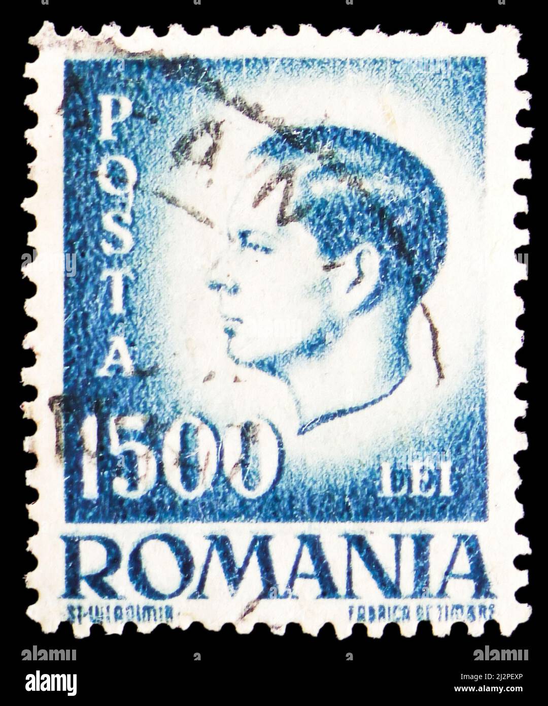 MOSCOU, RUSSIE - 13 MARS 2022: Timbre-poste imprimé en Roumanie montre Michael I de Roumanie (1921-2017), série Definitifs 1945-1947, vers 1946 Banque D'Images