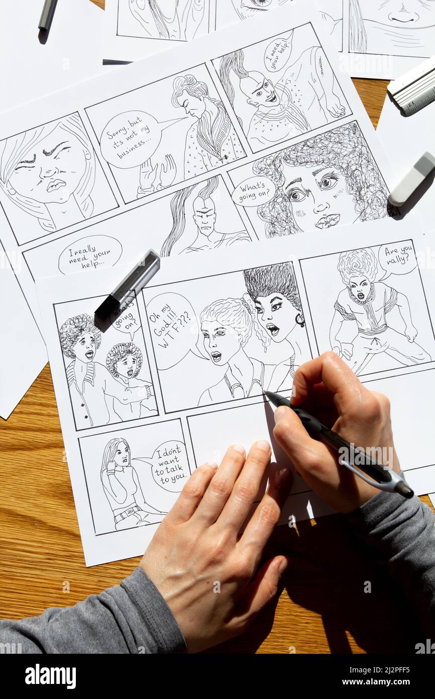 L'artiste dessine des cadres de personnages de bande dessinée. Un concepteur d'animateur crée un storyboard. Banque D'Images