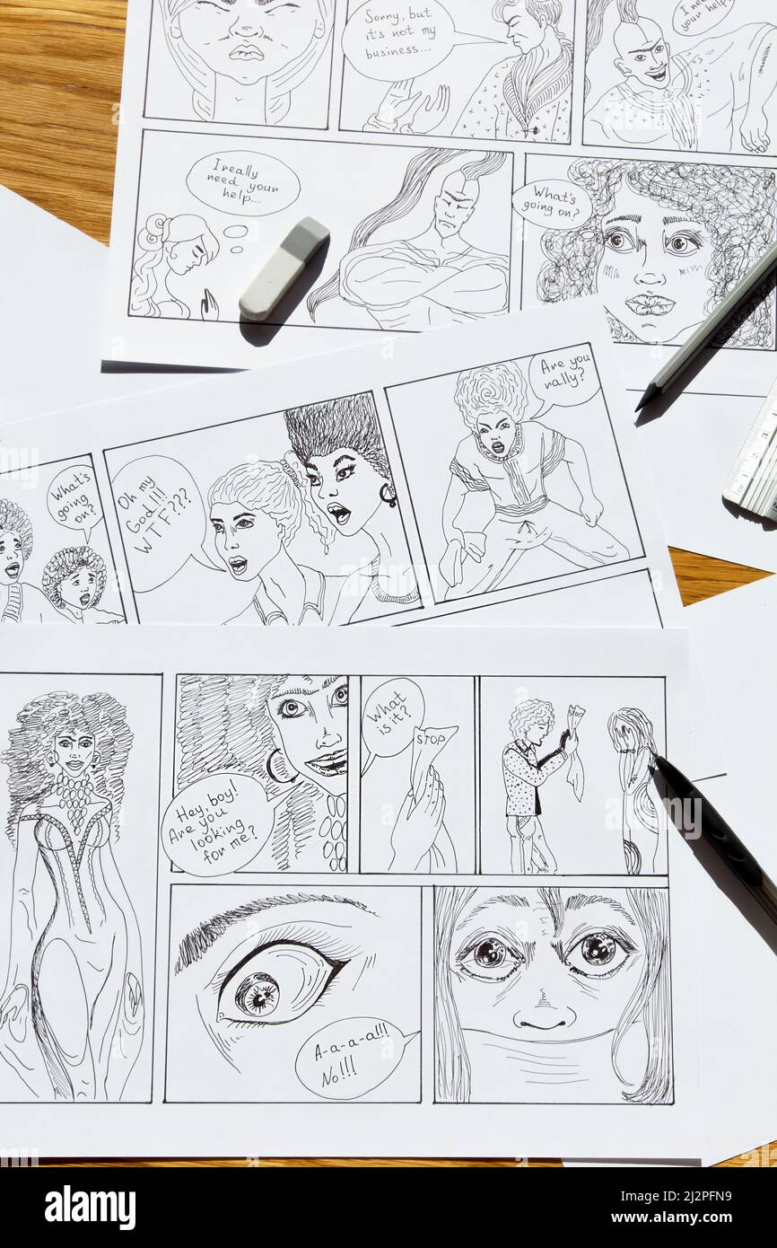 Croquis de contes de bandes dessinées dessinées sur des feuilles de papier. Banque D'Images