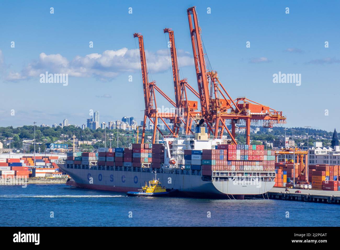 Grues à portique au port de Vancouver déchargeant la cargaison de conteneurs maritimes du navire porte-conteneurs Cosco Anvers Vancouver Canada, photo stock Banque D'Images