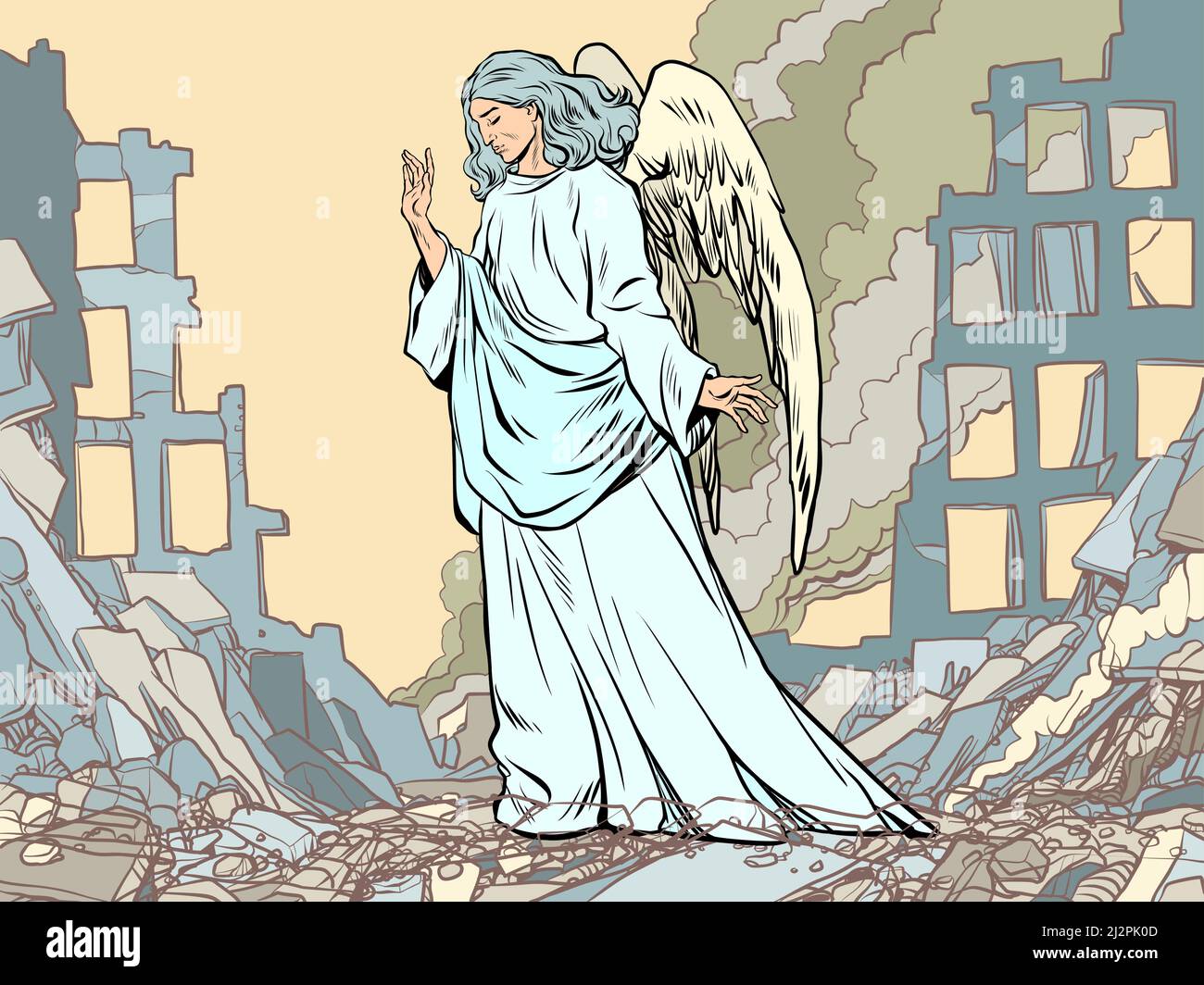 Un ange au milieu des ruines d'une ville en feu. La guerre est la mort de civils. Crise humanitaire. Pop Art Retro Vector Illustration 50s 6 Illustration de Vecteur