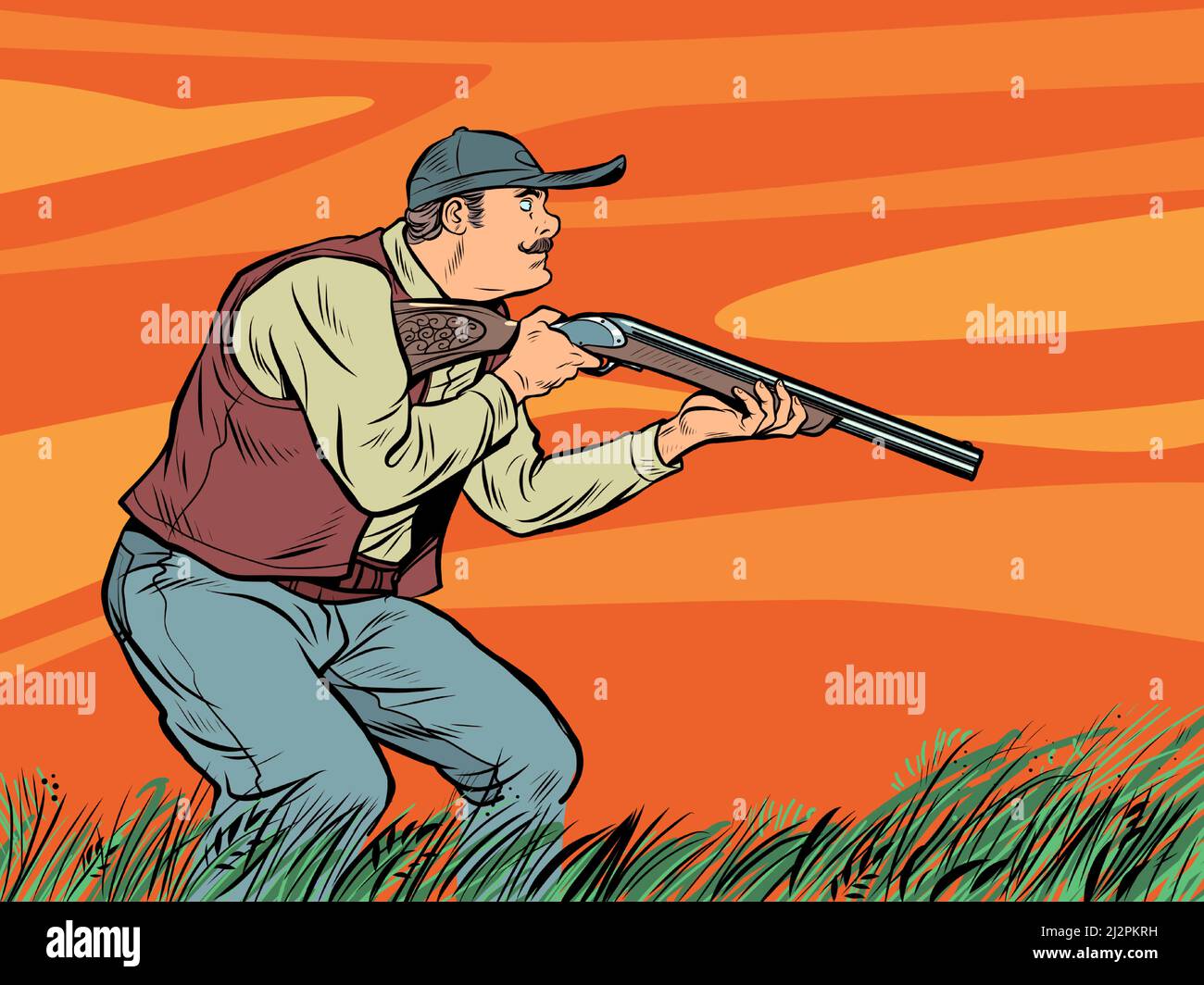 Un chasseur avec une sneaks de fusil, un homme est un hobby dans la nature. Prise de vue. Pop Art Retro Vector Illustration 50s 60s style kitsch vintage Illustration de Vecteur