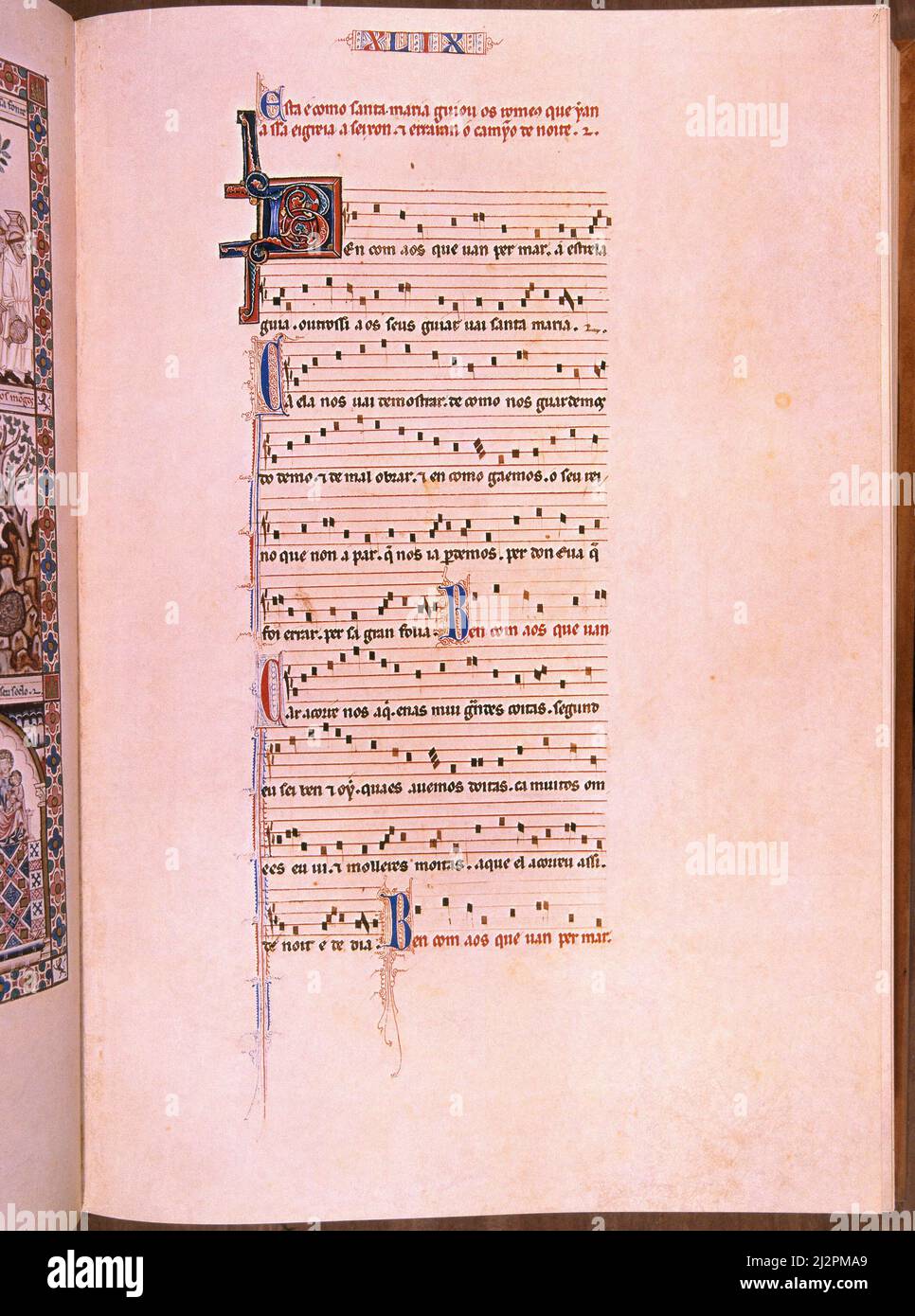 MTI1 - CANTIGA DE SANTA MARIA Nº49 - F72R - PENTAGRAMA MUSICAL - ESTROFA EN VERSO GALAICO PORTUGUES - SIGLO XIII Auteur: Alfonso X de Castille. LIEU: MONASTERIO-BIBLIOTECA-COLECCION. SAN LORENZO DEL ESCORIAL. MADRID. ESPAGNE. Banque D'Images