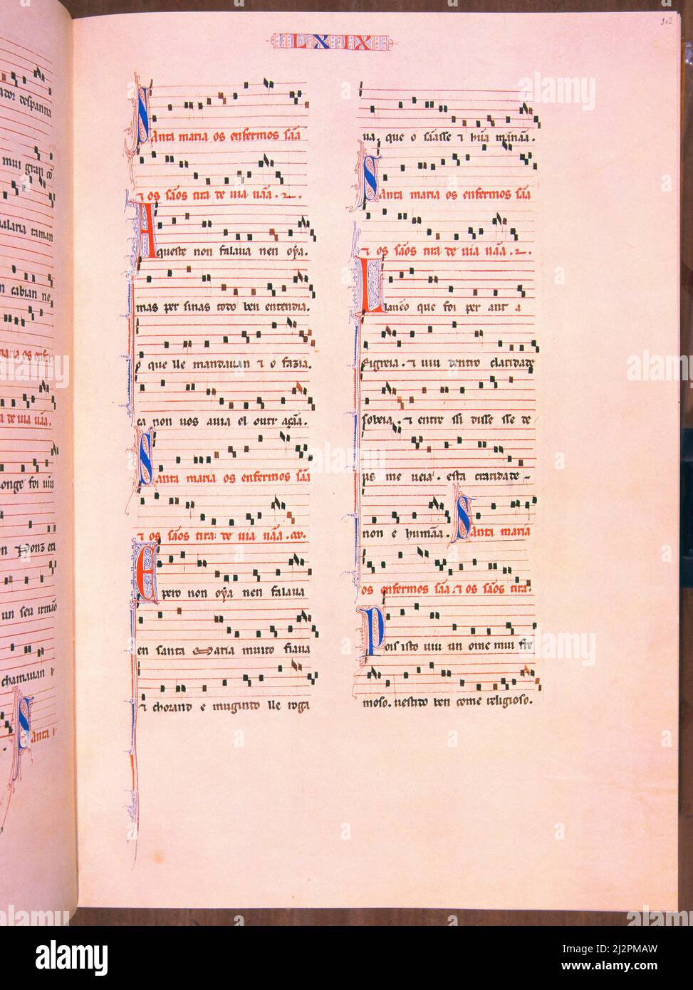 MTI1 - CANTIGA DE SANTA MARIA Nº 69 - F102R - PENTAGRAMA MUSICAL - ESTROFA EN VERSO GALAICO PORTUGUES - SIGLO XIII Auteur: Alfonso X de Castille. LIEU: MONASTERIO-BIBLIOTECA-COLECCION. SAN LORENZO DEL ESCORIAL. MADRID. ESPAGNE. Banque D'Images