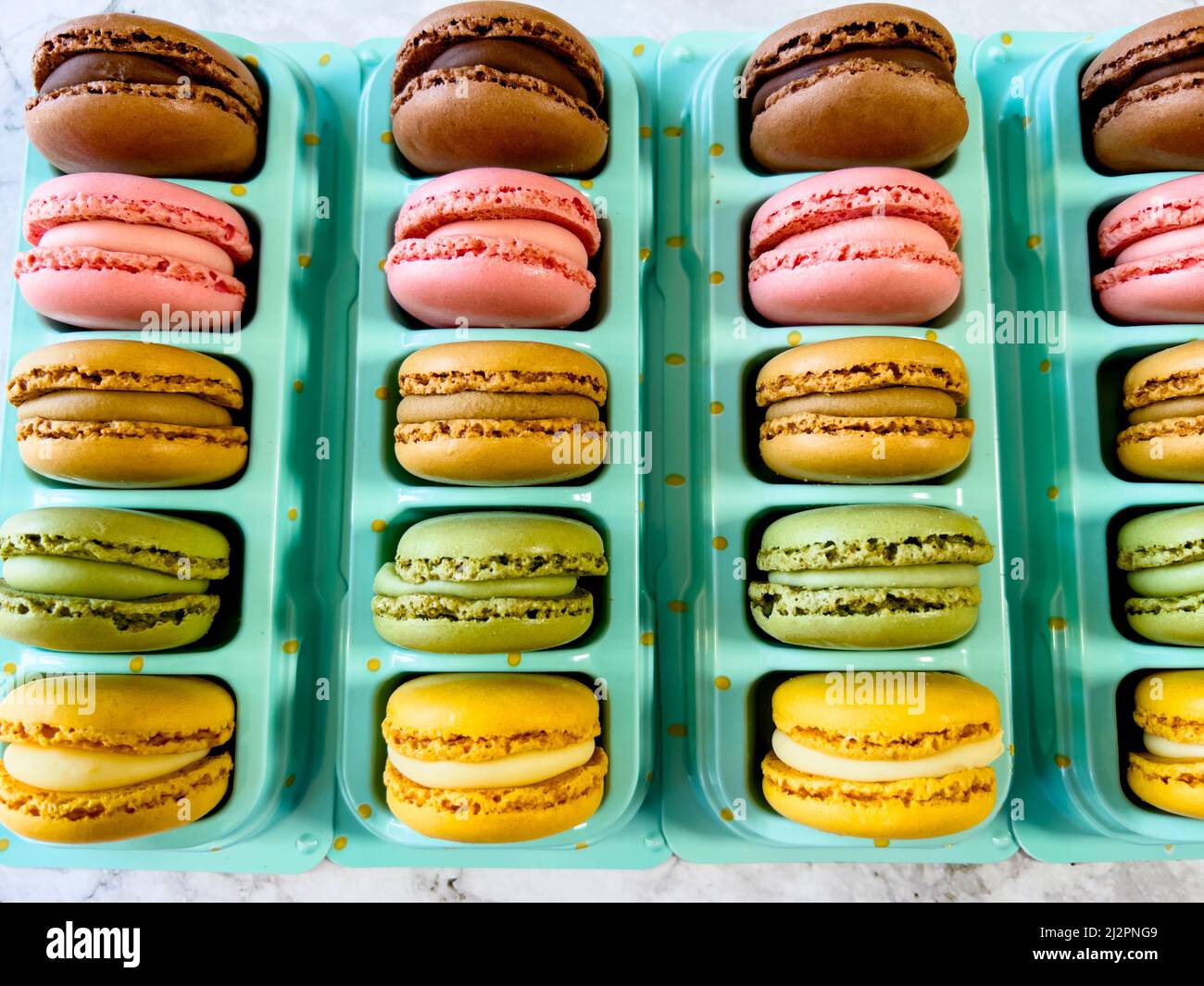 Macarons français colorés disposés en rangée Banque D'Images
