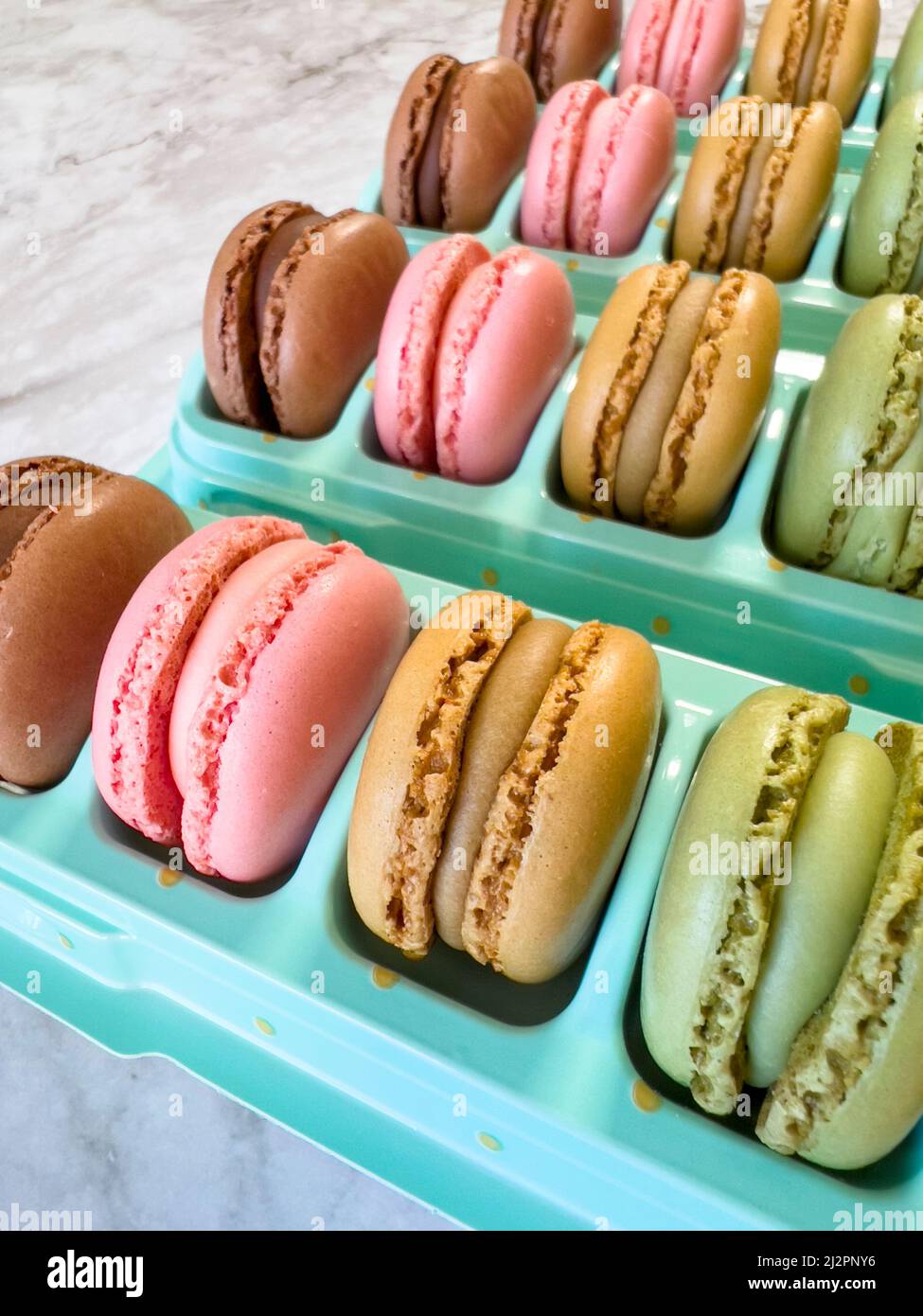 Macarons français colorés disposés en rangée Banque D'Images