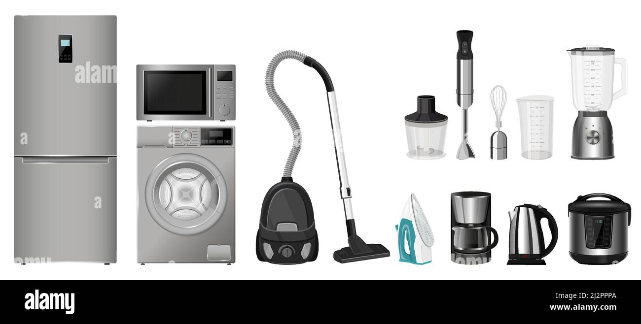 Un ensemble d'appareils ménagers: four à micro-ondes, lave-linge,  réfrigérateur, aspirateur, cuisinière, robot ménager, blender, fer à  repasser. Réaliste 3 Image Vectorielle Stock - Alamy