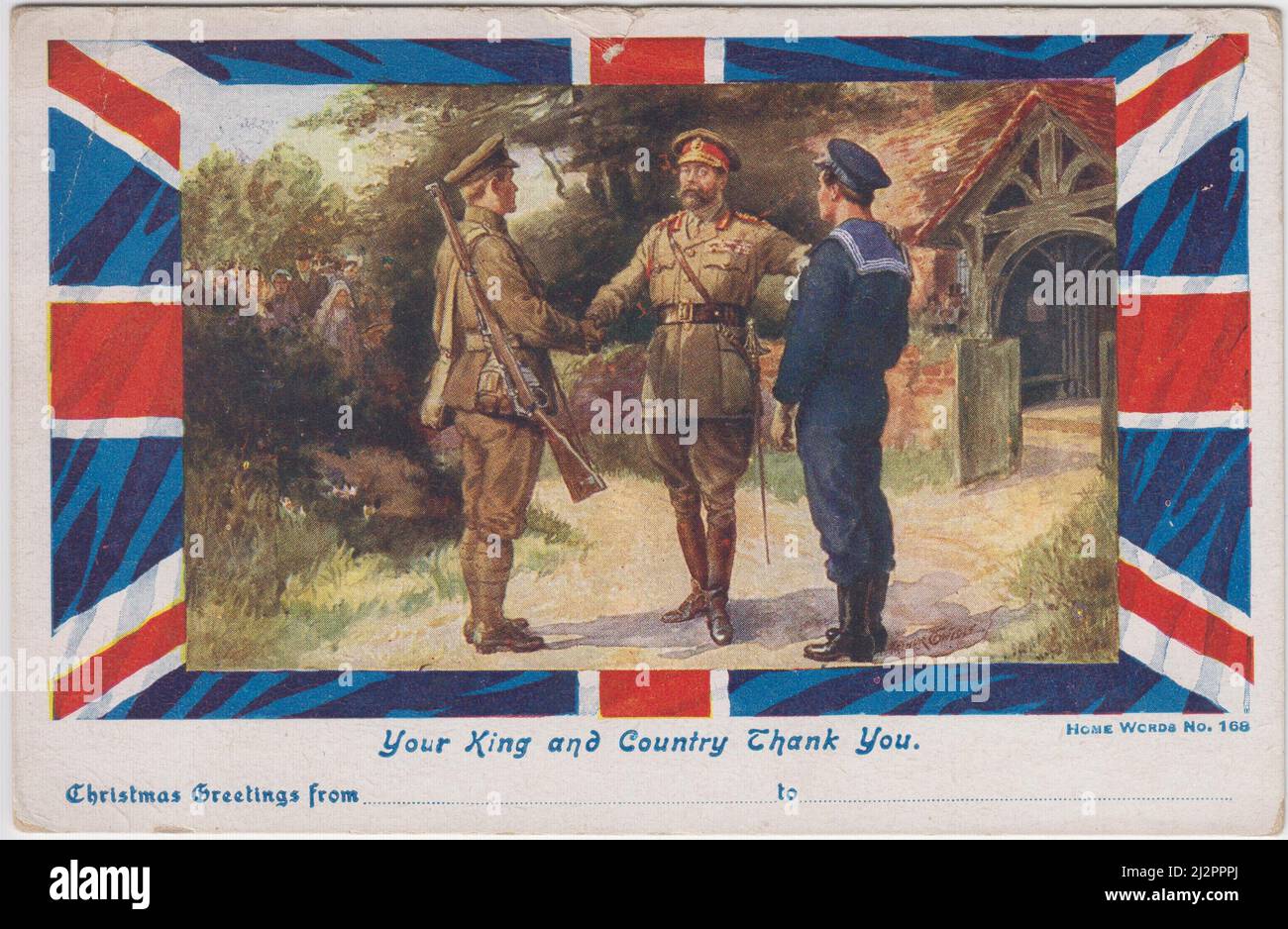« Votre roi et votre pays Merci » : carte de Noël britannique de la première Guerre mondiale. Il montre le roi George V en uniforme de l'armée saluant un soldat (avec le fusil sur son épaule) et le marin de la Royal Navy. Ils semblent être debout à l'extérieur d'une église rurale. La frontière montre une partie du drapeau Union Jack Banque D'Images