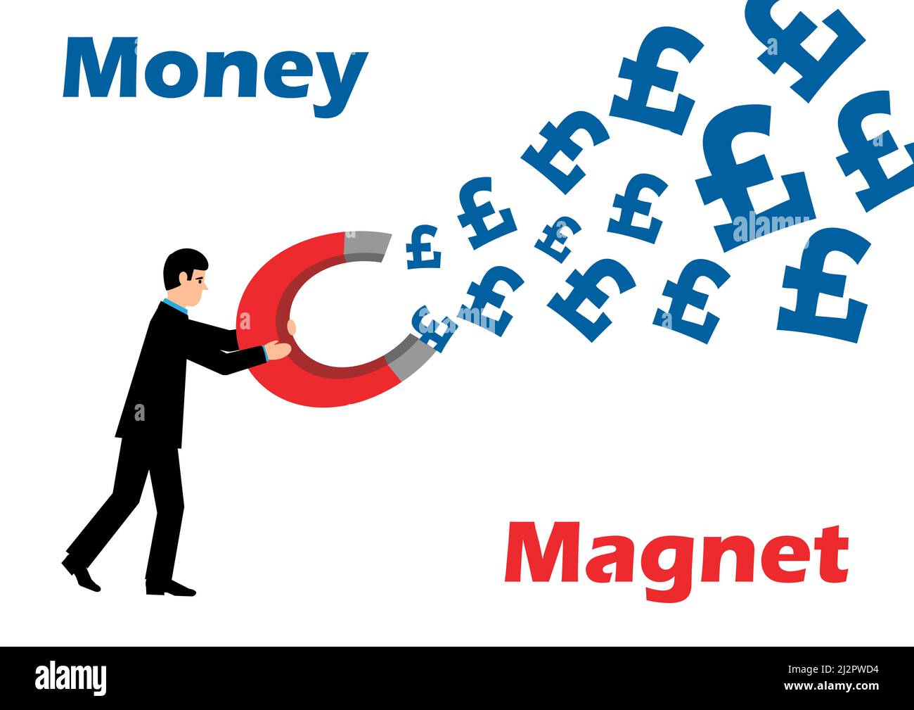 Une illustration d'un homme d'affaires tient un grand aimant, qui attire des livres sterling. Une métaphore sur la réussite financière. Banque D'Images