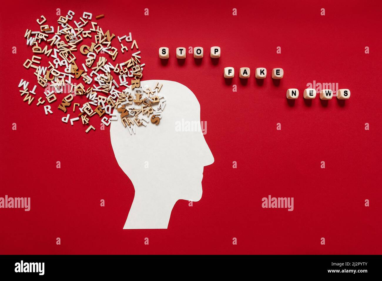 Arrêter le concept des fausses nouvelles. Contour de la tête humaine, nombreuses lettres en bois différentes et message texte Banque D'Images