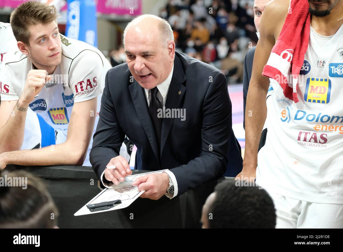 Palaleonessa A2A, Brescia, Italie, 03 avril 2022, Emanuele Molin - entraîneur en chef - Panier Aquila Dolomiti Trentin Energia pendant Germani Brescia vs Dolomiti Energia Trentin - Championnat italien de basket-ball A Serie Banque D'Images