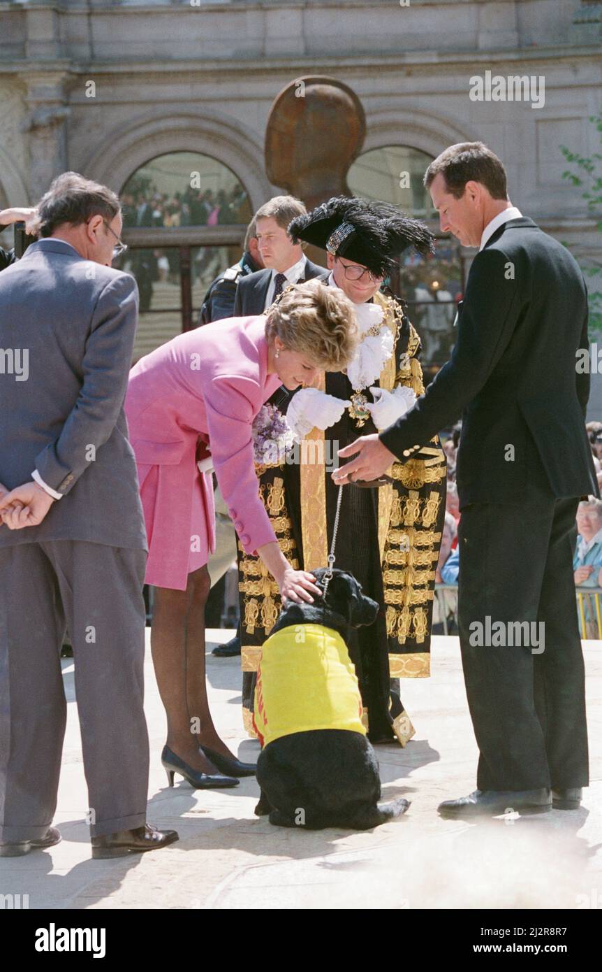 HRH la princesse Diana, la princesse du pays de Galles, rencontre les gens de Birmingham, Midlands, Angleterre, alors qu'elle ouvre la place Victoria. Ici, la princesse pate la tête d'un chien. Photo prise le 6th mai 1993 Banque D'Images