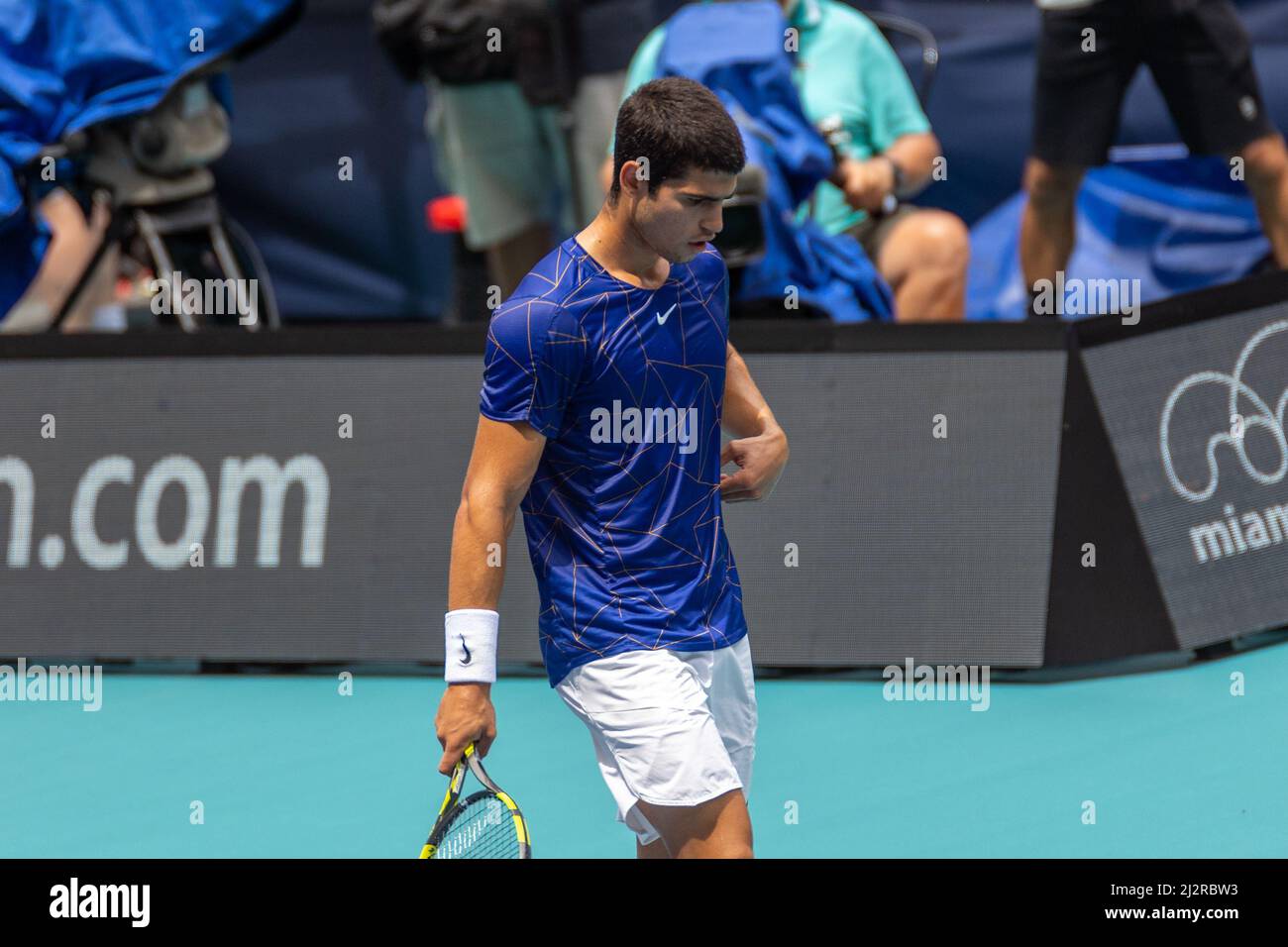 Miami Gardens, Floride, États-Unis. 3rd avril 2022. Carlos Alcaraz (ESP) vs Casper Ruud (NOR) pendant le tournoi mondial de tennis à l'Open de Miami 2022 propulsé par Itau. Finale hommes. Note : 7-5, 6-4. Gagnant: Carlos Alcaraz (ESP). Credit: Yaroslav Sabitov/YES Market Media/Alay Live News. Banque D'Images