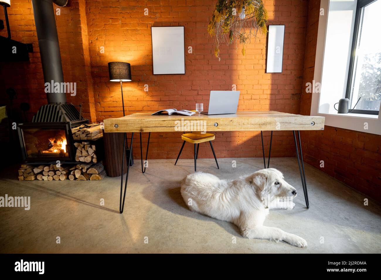 Salle de séjour intérieur dans le style lofft avec table en bois, cheminée et chien à la maison Banque D'Images