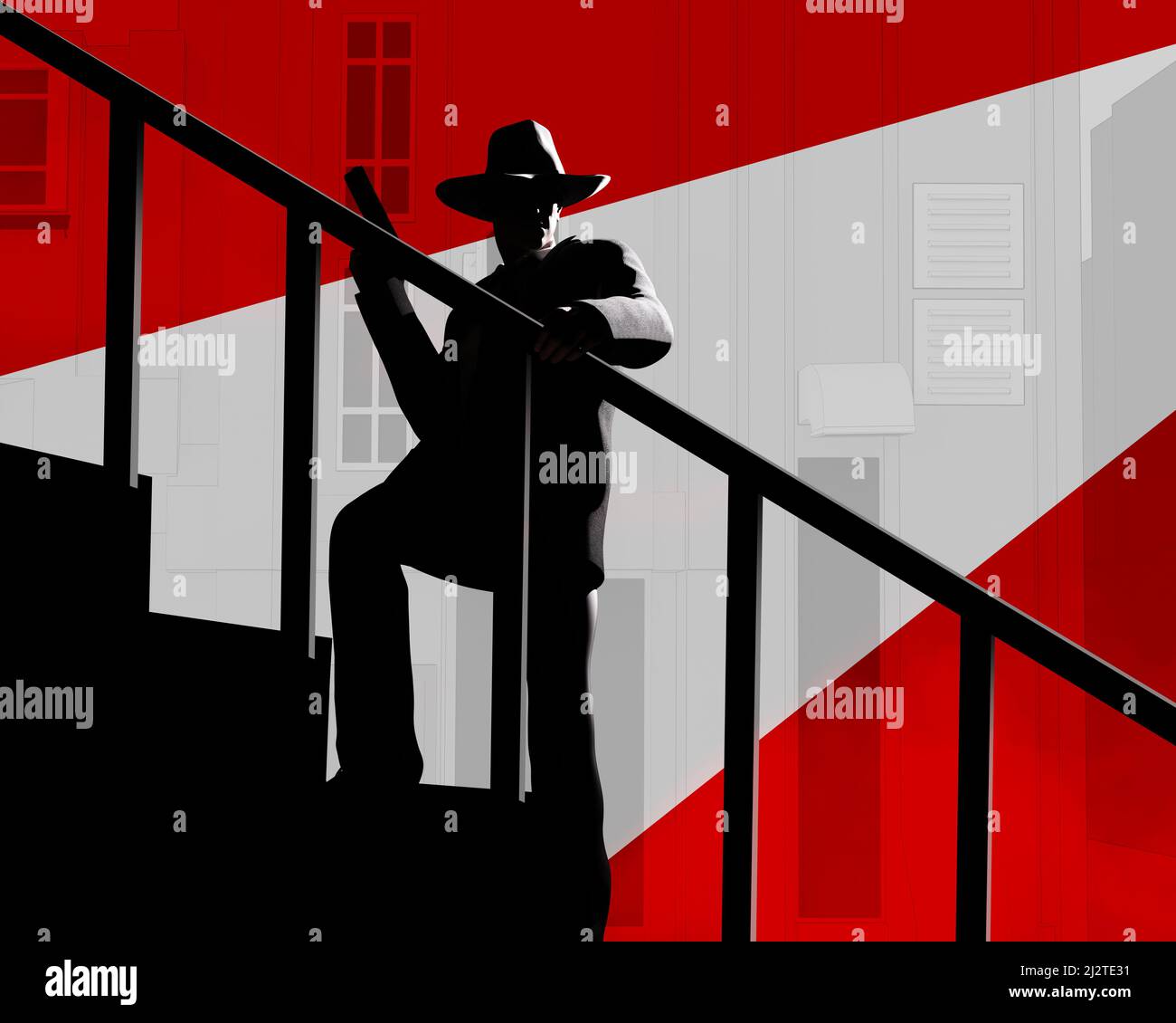 3d faites l'illustration du détective de style noir ou gangster mâle dans les escaliers de marche de costume et de chapeau avec un pistolet sur la nuit de rue rouge avec ray backgroun Banque D'Images