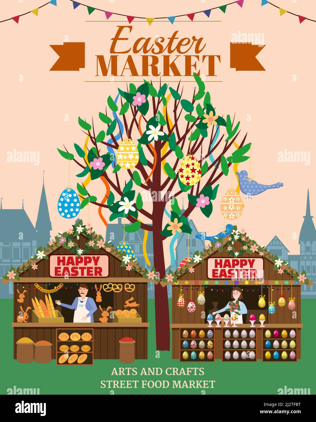 Affiche du marché de Pâques, foire du printemps de Holiday City. Étals en bois de l'arbre de Pâques décorés de fleurs, œufs de Pâques colorés, lapin, pâtisserie. Architecture européenne Illustration de Vecteur