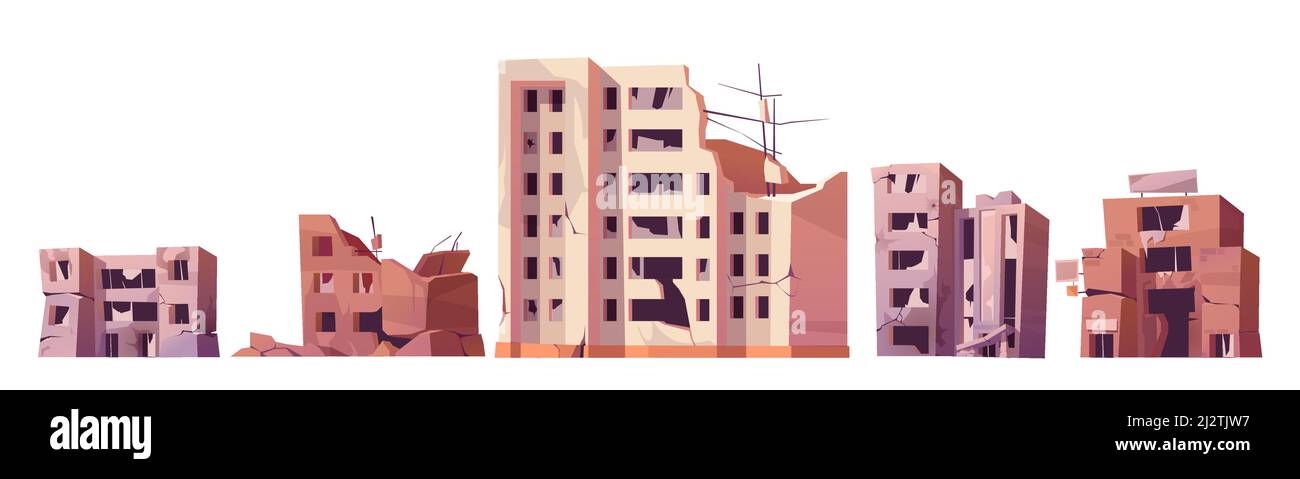 Détruit les bâtiments de la ville après la guerre ou le tremblement de terre. Ensemble de dessins animés vectoriels de maisons brisées abandonnées isolées sur fond blanc. Des ruines de la ville abandonnée Illustration de Vecteur