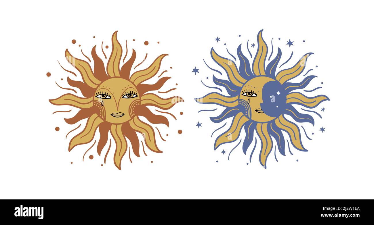 Soleil et lune avec visage et rayons, stylisation de gravure vintage, design slave. Boho tatouage, symbole mystique céleste pour le tarot, astrologie, tel de fortune Illustration de Vecteur