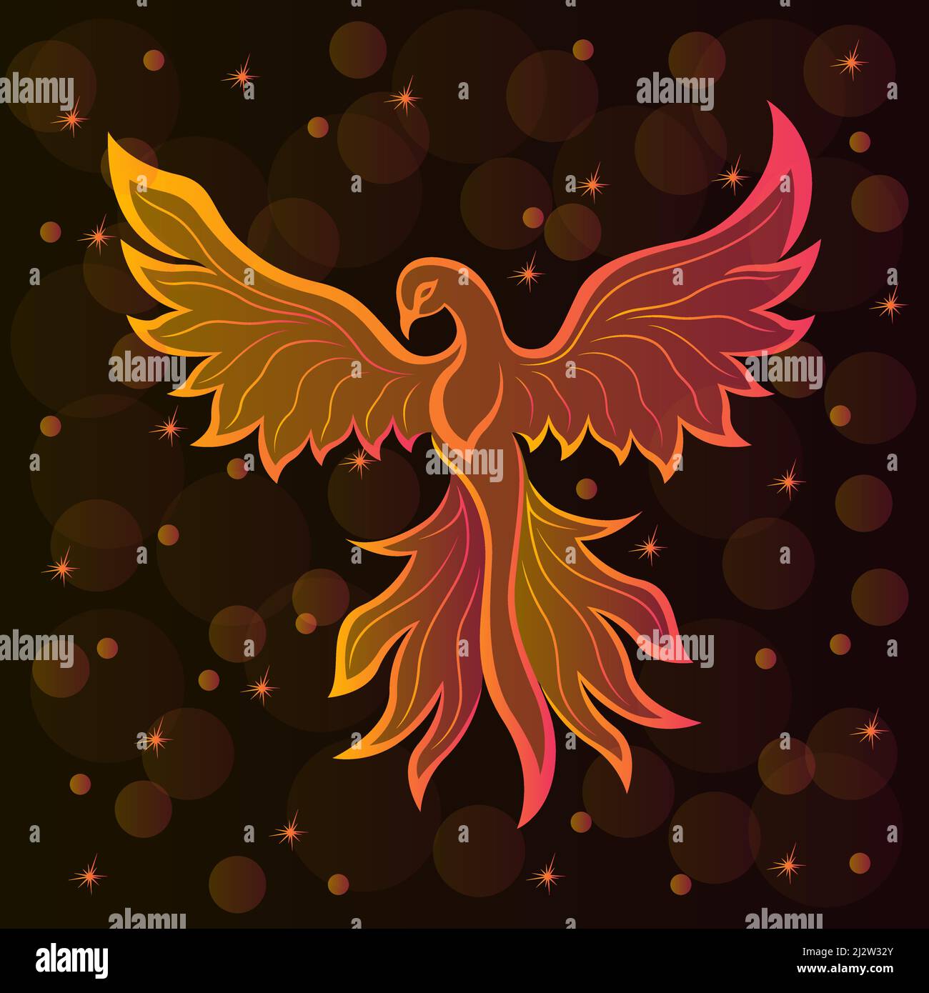 Silhouette de Phoenix charmant dans des teintes orange-rose sur un fond marron foncé avec des étoiles et des cercles transparents Illustration de Vecteur