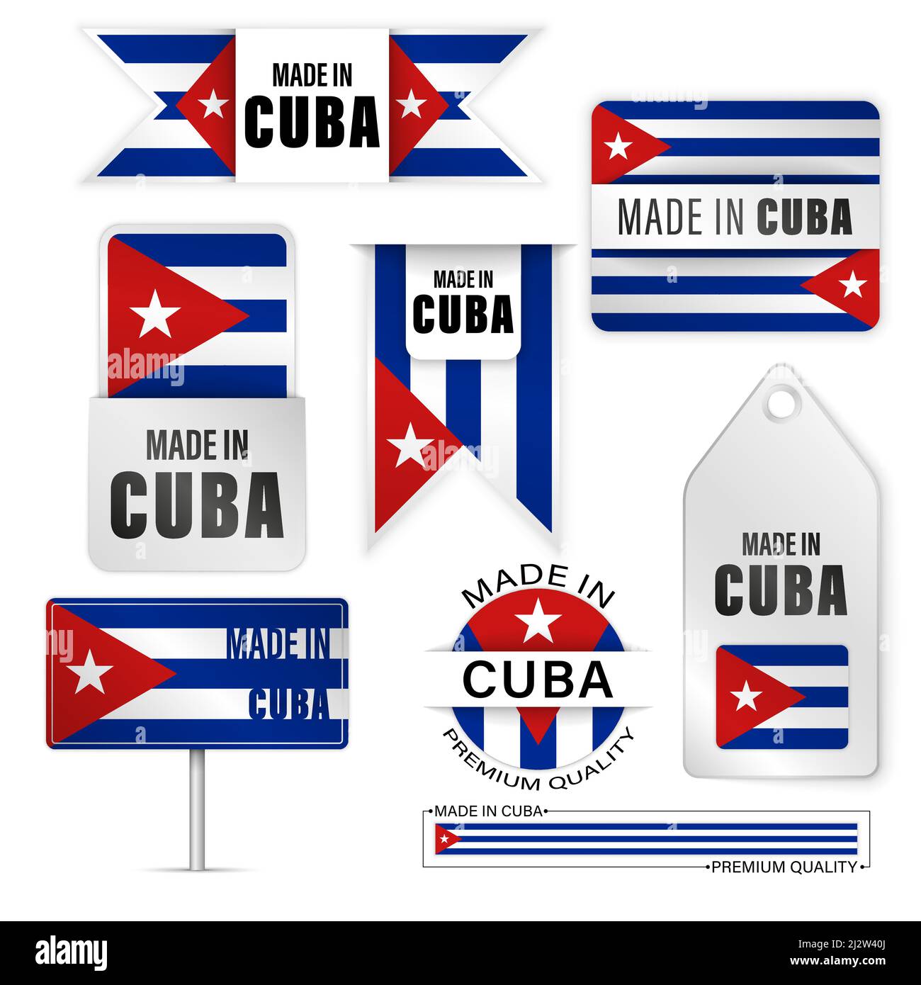 Ensemble de motifs et d'étiquettes fabriqués à Cuba. Certains éléments d'impact pour l'utilisation que vous voulez en faire. Illustration de Vecteur