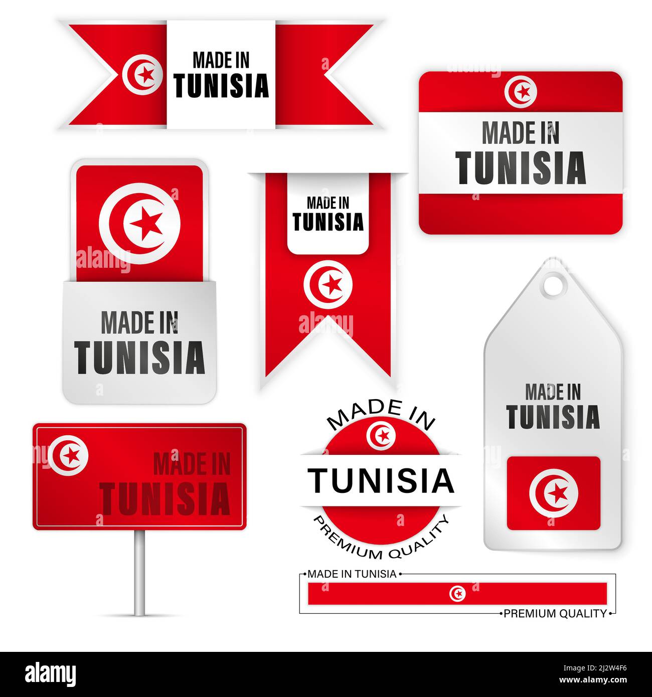 Ensemble de motifs et d'étiquettes fabriqués en Tunisie. Certains éléments d'impact pour l'utilisation que vous voulez en faire. Illustration de Vecteur