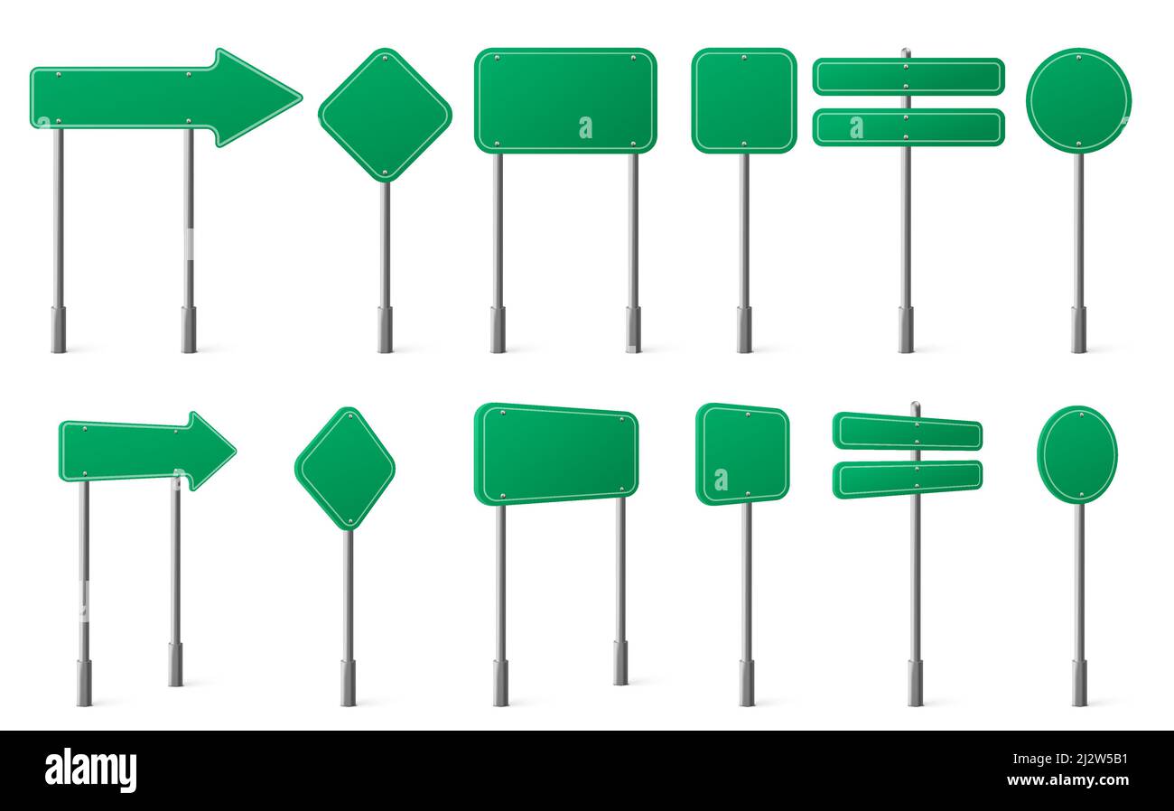 Panneaux de signalisation verts de formes différentes sur le montant en métal avant et vue d'angle. Vecteur ensemble réaliste de panneaux de signalisation routière vierges directions, emplacement ou avis Illustration de Vecteur