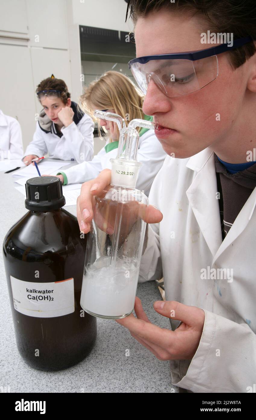 Pays-Bas, un étudiant pendant une leçon de chimie souffle dans l'eau de chaux pour montrer le dioxyde de carbone dans l'air qu'il respire. Banque D'Images