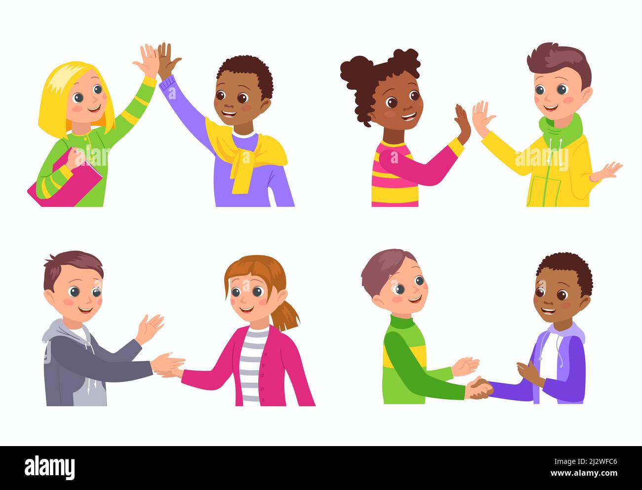 Geste de salutation pour les enfants. Les filles et les garçons s'accueillaient mutuellement. Connaissance et relations amicales. Donner cinq. Serrer les mains. Saluant des amis souriants Illustration de Vecteur