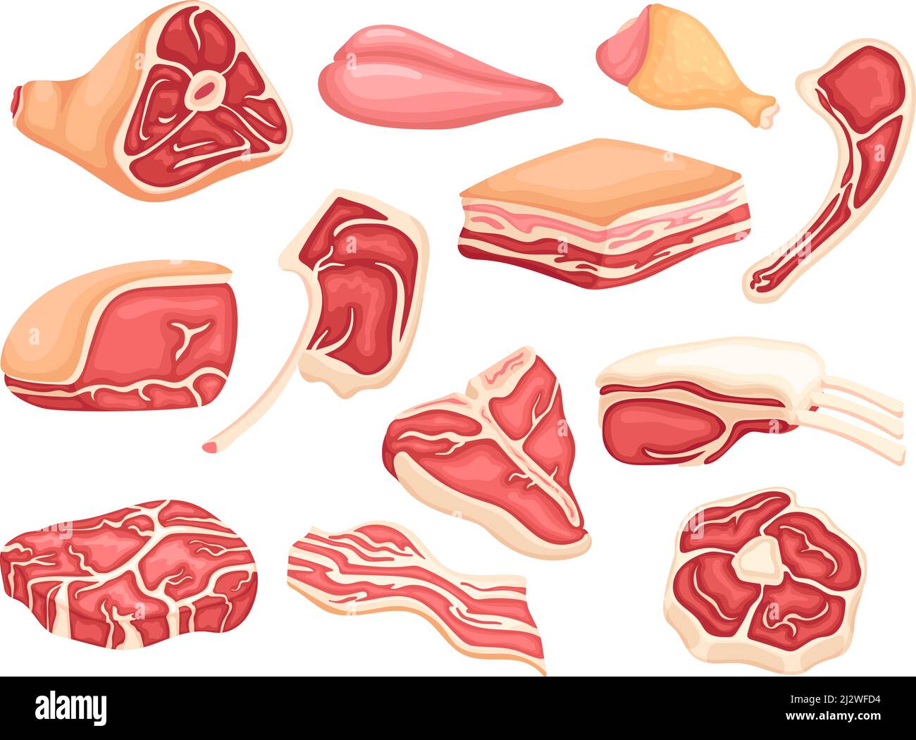 Produits à base de viande. Agneau cru tranché, piquet de poitrine de porc. Morceaux de jambon et de poulet. Couper des viandes et des oiseaux. Éléments gastronomiques, ensemble de vecteurs frais du marché Illustration de Vecteur