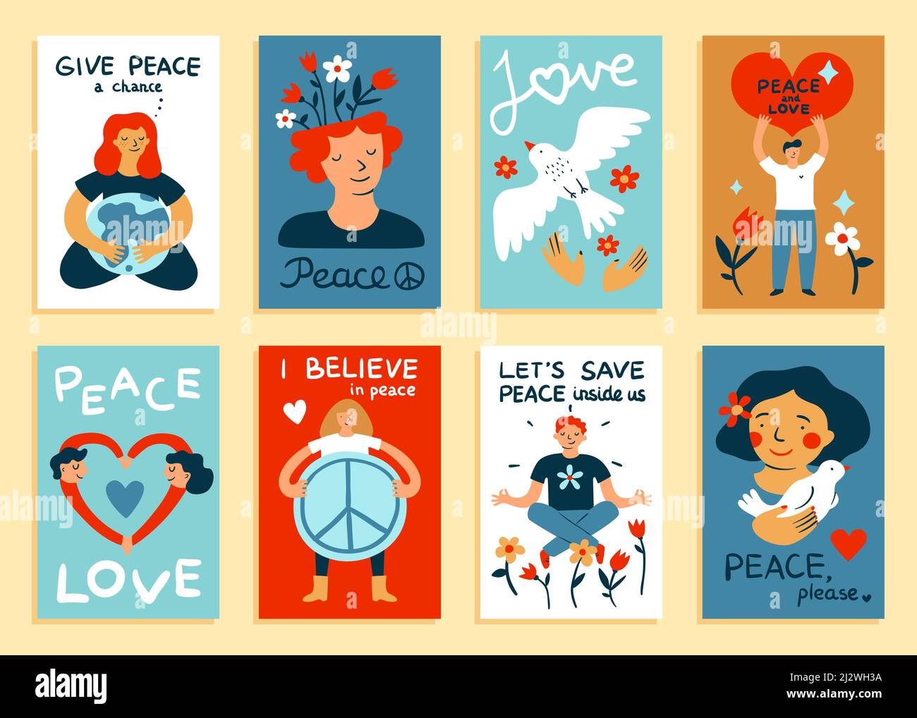 Cartes de paix. Dessins animés avec des symboles amour et hippie. Des hommes ou des femmes pacifiques en équilibre. Oiseau volant, fleurs et coeurs. Pacifisme international Illustration de Vecteur
