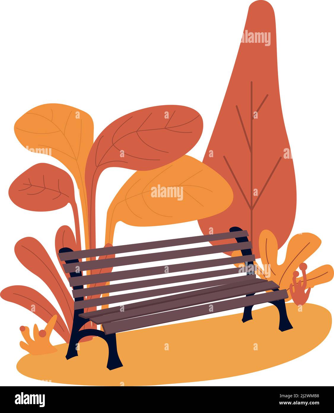 Banc en bois entouré de paysage d'automne semi-plat couleur vecteur objet Illustration de Vecteur