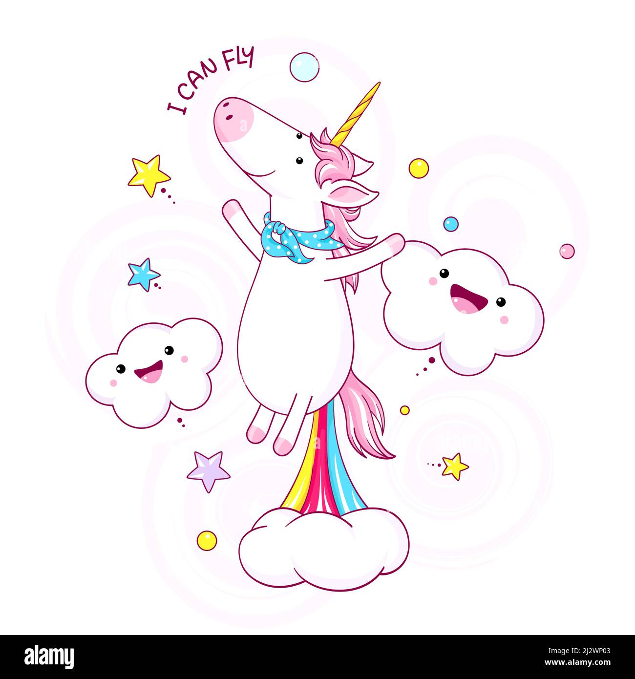 mignonne licorne flottant dans l'air et farting avec l'arc-en-ciel et la fumée qui explose de son fond. Farting dessin animé unicorn et Inscription Je peux voler. CAN Illustration de Vecteur