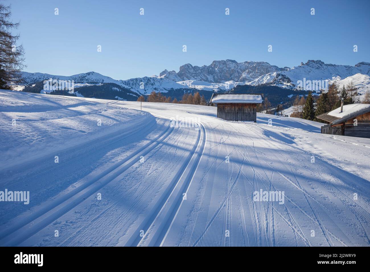 Pistes de ski sur le plateau près de Seiser Alm et Ortisei à Gröden aka Val Gardena, province autonome de Bolzano - Tyrol du Sud, Italie Banque D'Images