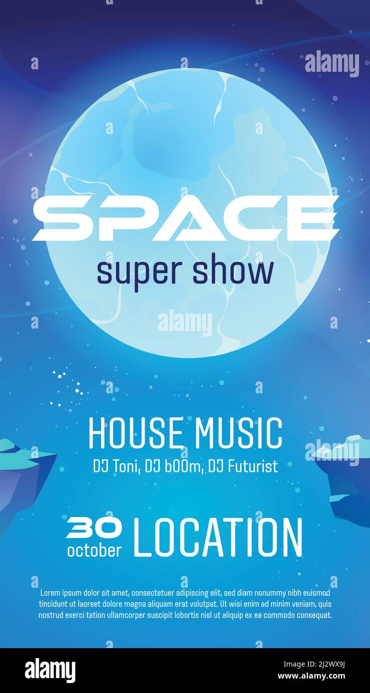 Espace super show flyer, poster de dessin animé pour un concert de musique maison avec une surface de planète extraterrestre et un ciel étoilé. Galaxy, cosmos, univers futuriste fantasy v Illustration de Vecteur