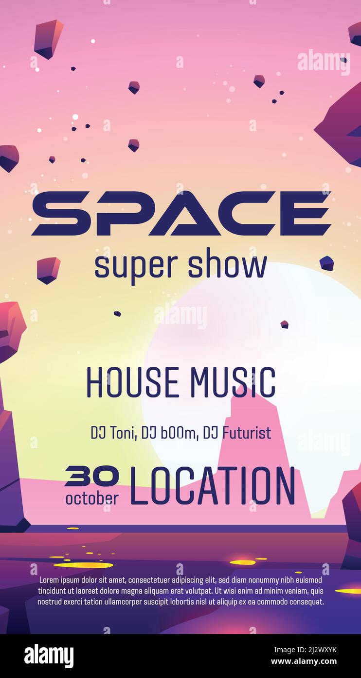 Fête de club avec spectacle de musique de l'espace. Modèle vectoriel d'affiche avec illustration futuriste de dessin animé du lever du soleil sur une planète extraterrestre. Concert en discothèque Illustration de Vecteur