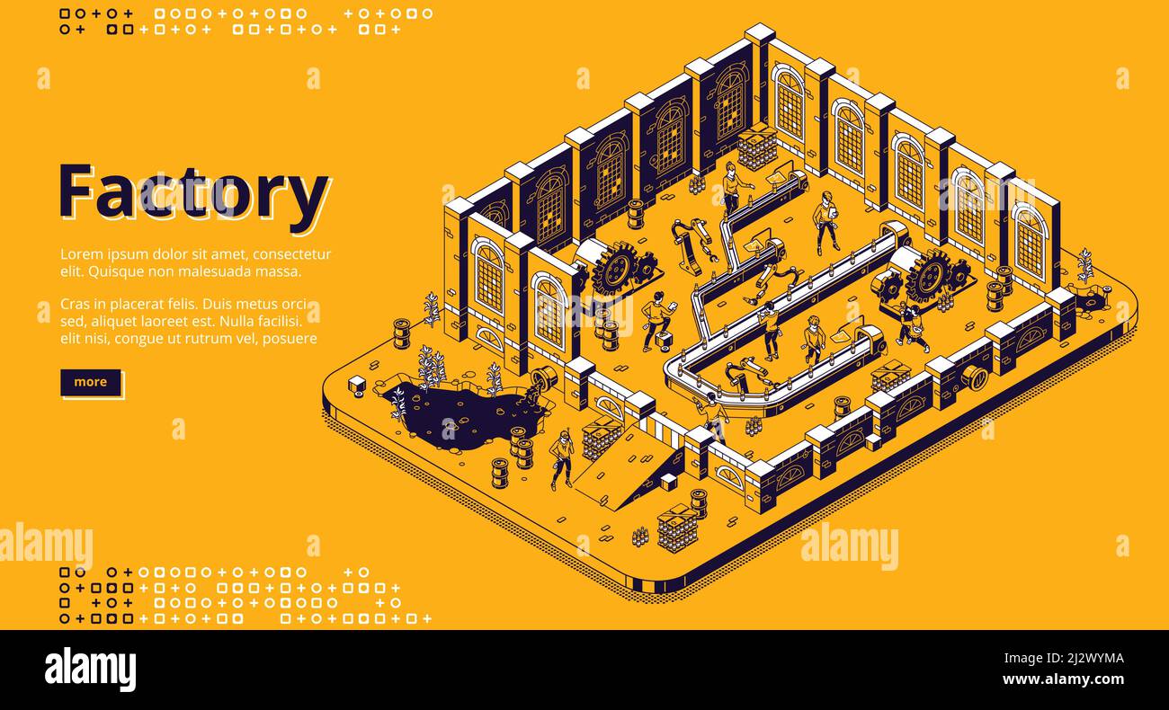 Page d'arrivée isométrique d'usine, les gens travaillent sur la ligne d'assemblage, les travailleurs sur le tapis convoyeur avec les bras de cyborgs et la production de bouteilles. Processus d'automatisation, n Illustration de Vecteur