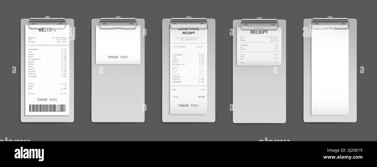 Reçu en espèces sur le presse-papiers, facture d'achat, chèque de la somme de vente au détail du supermarché et paiement total du prix de vente du magasin, vide et vide isol Illustration de Vecteur